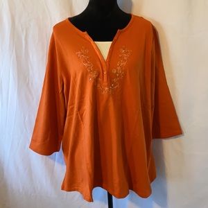 Denim & Co. 3/4 Sleeve Stretch Duet Top w/Inset and Bead Detail, Deep Orange, 2X